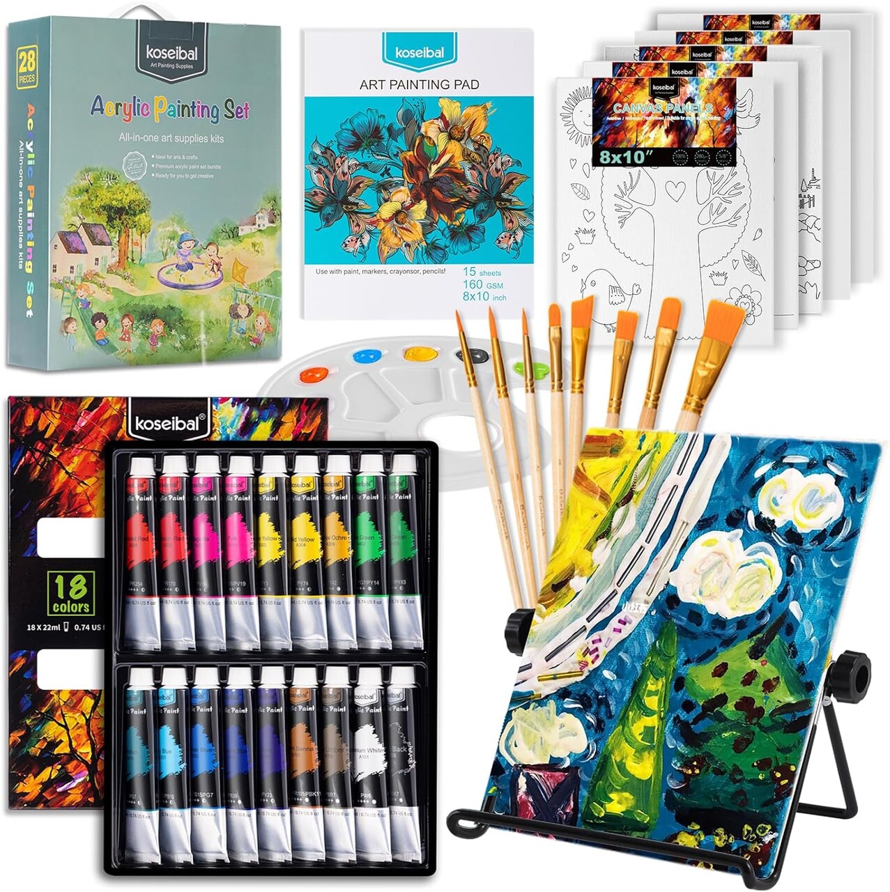 Art Painting Supplies Kit with 18 Paints, 5 Canvas Panels, 8 Brushes